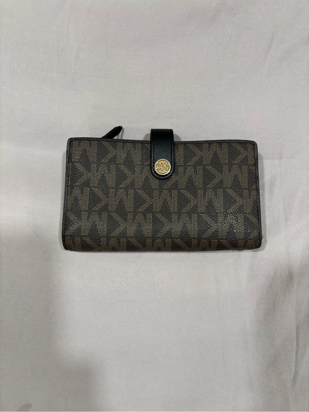 Michael Kors Brown and Black Signature MK Continental Wallet with Gold Accent